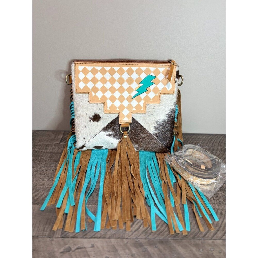 Handcrafted Cowhide Leather Fringe Crossbody Bag Turquoise Lightning Bolt